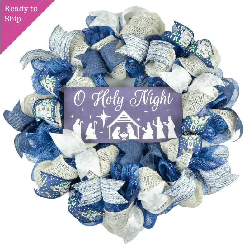 O Holy Night Jesus Christmas Wreath - Church Christian Religious Front Door Wreath - Navy Ivory White Burlap Farmhouse