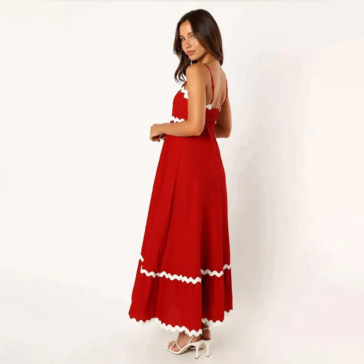 ODIZLI Women Spaghetti Straps Sleeveless Smocked Sundresses Long Flowy A-Line Midi Dress Summer