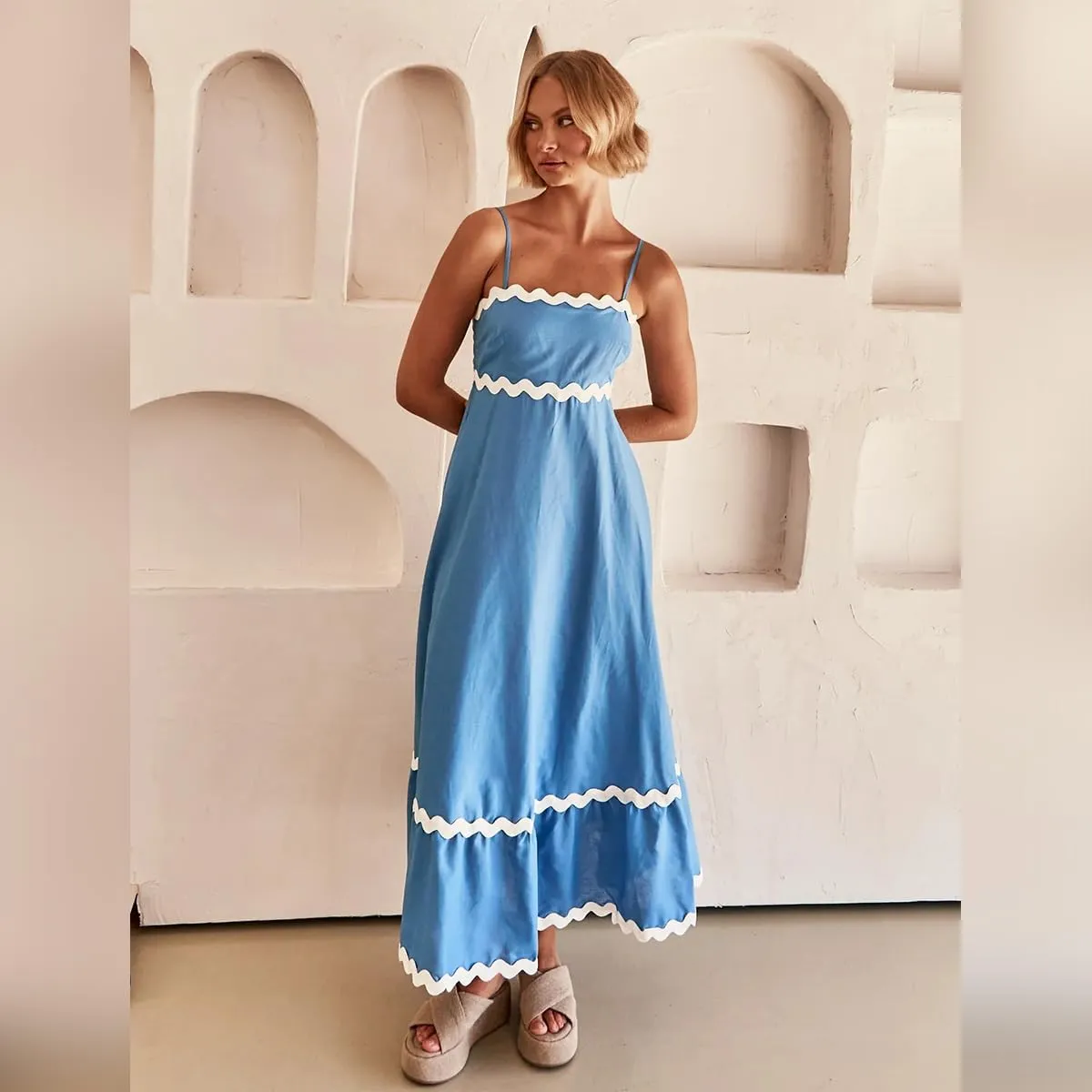 ODIZLI Women Spaghetti Straps Sleeveless Smocked Sundresses Long Flowy A-Line Midi Dress Summer