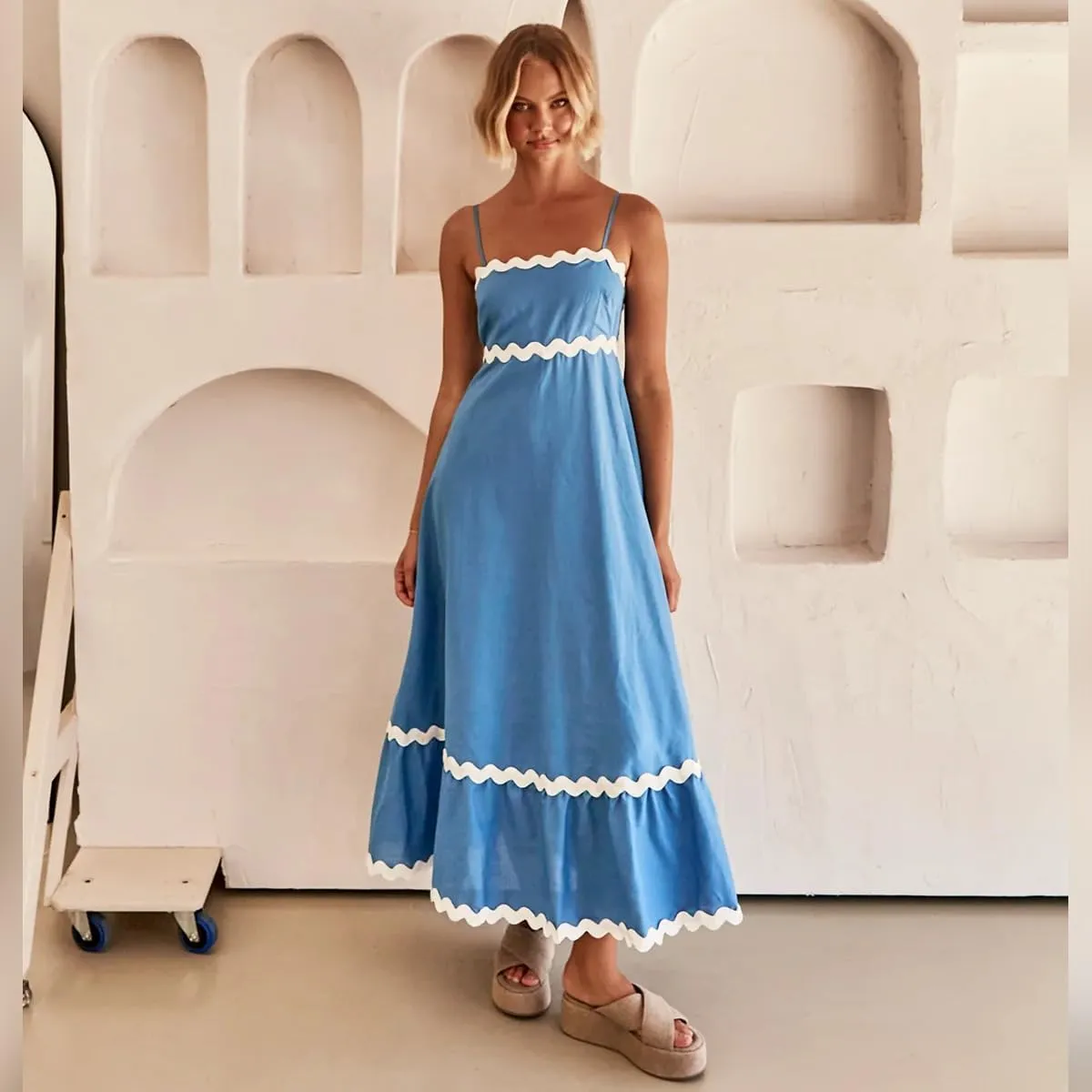 ODIZLI Women Spaghetti Straps Sleeveless Smocked Sundresses Long Flowy A-Line Midi Dress Summer