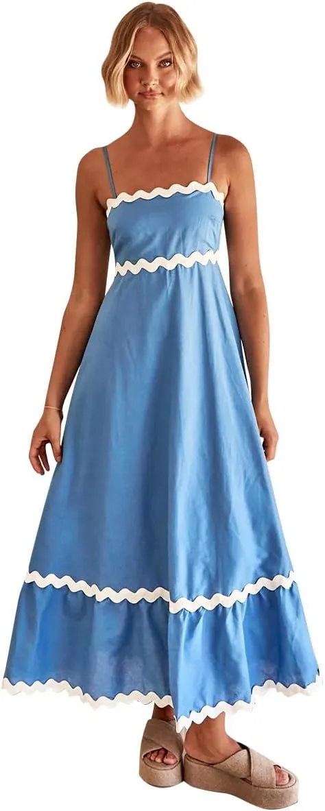 ODIZLI Women Spaghetti Straps Sleeveless Smocked Sundresses Long Flowy A-Line Midi Dress Summer