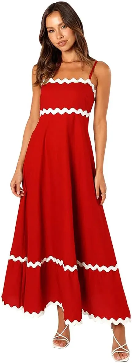 ODIZLI Women Spaghetti Straps Sleeveless Smocked Sundresses Long Flowy A-Line Midi Dress Summer