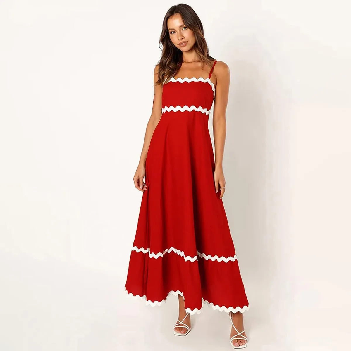 ODIZLI Women Spaghetti Straps Sleeveless Smocked Sundresses Long Flowy A-Line Midi Dress Summer