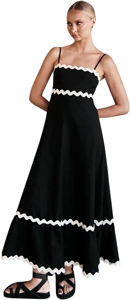 ODIZLI Women Spaghetti Straps Sleeveless Smocked Sundresses Long Flowy A-Line Midi Dress Summer