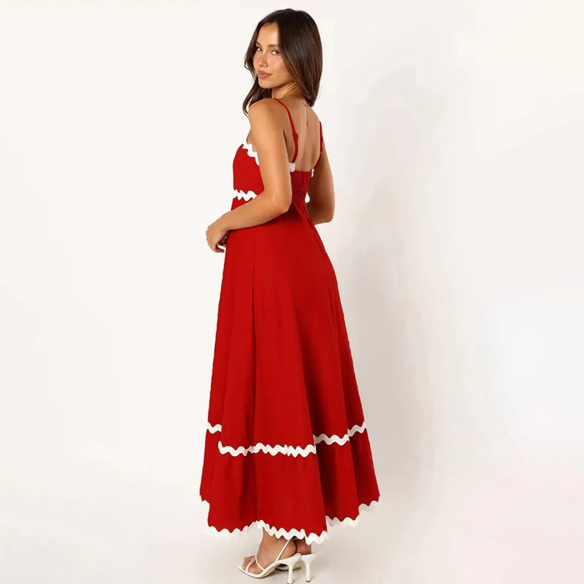 ODIZLI Women Spaghetti Straps Sleeveless Smocked Sundresses Long Flowy A-Line Midi Dress Summer
