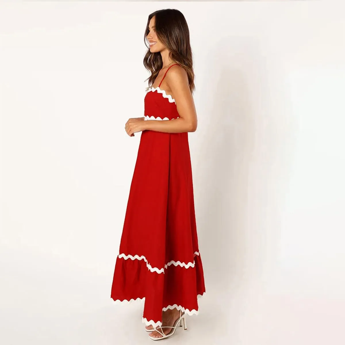 ODIZLI Women Spaghetti Straps Sleeveless Smocked Sundresses Long Flowy A-Line Midi Dress Summer