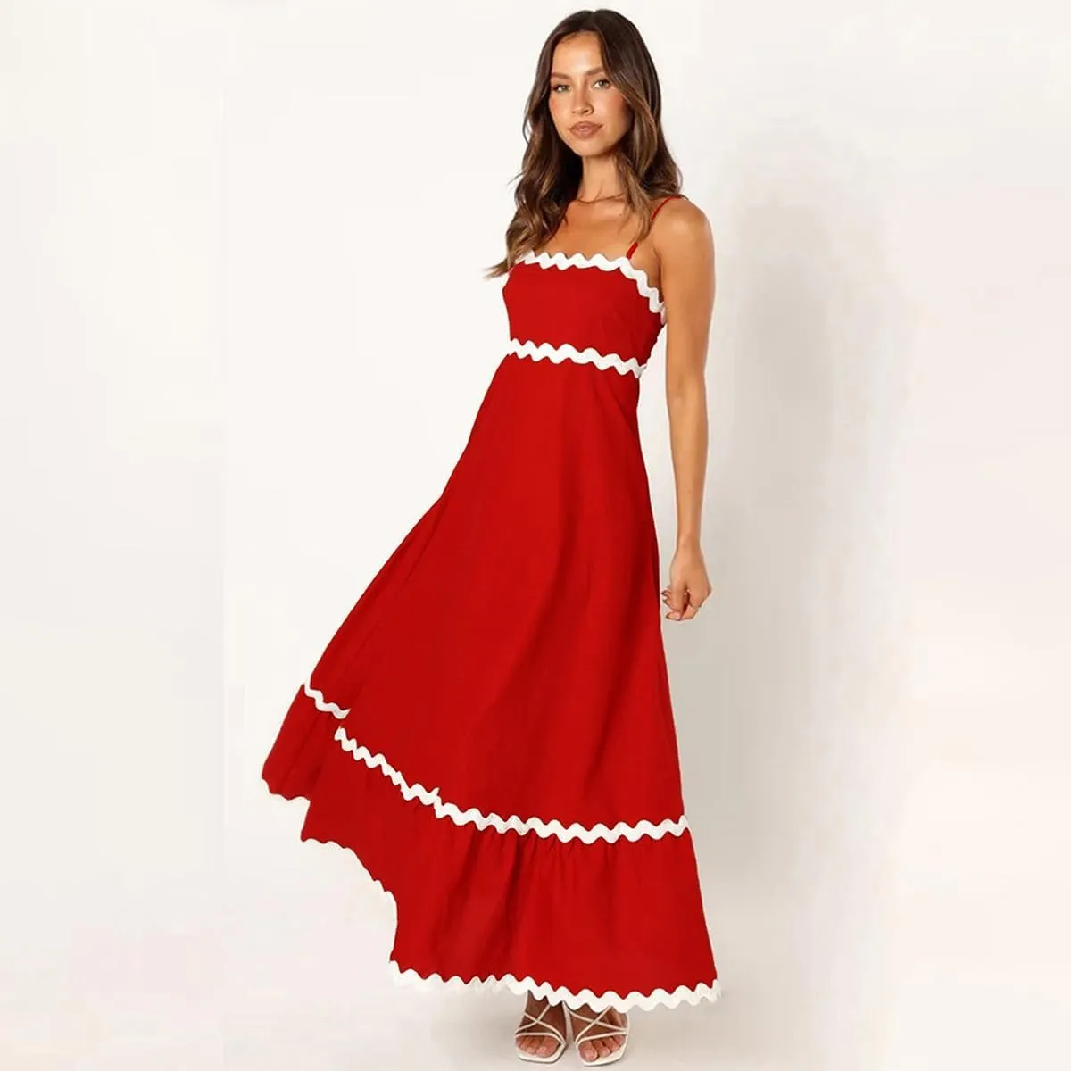 ODIZLI Women Spaghetti Straps Sleeveless Smocked Sundresses Long Flowy A-Line Midi Dress Summer
