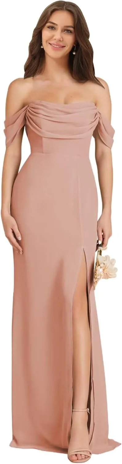 Off Shoulder Chiffon Bridesmaid Dress Long for Women Mermaid Formal Evening Dress with Slit