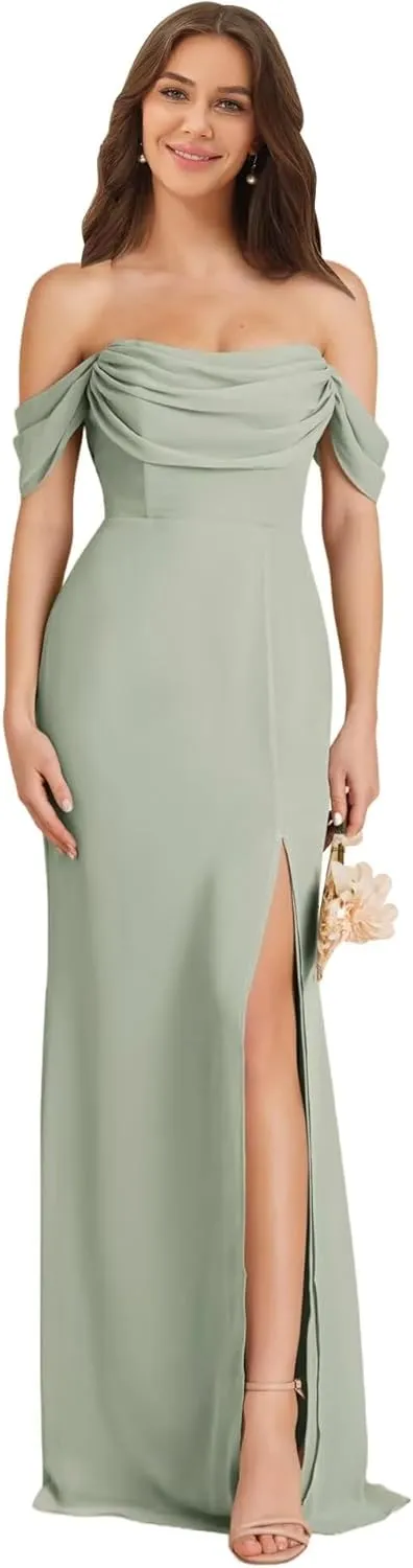 Off Shoulder Chiffon Bridesmaid Dress Long for Women Mermaid Formal Evening Dress with Slit