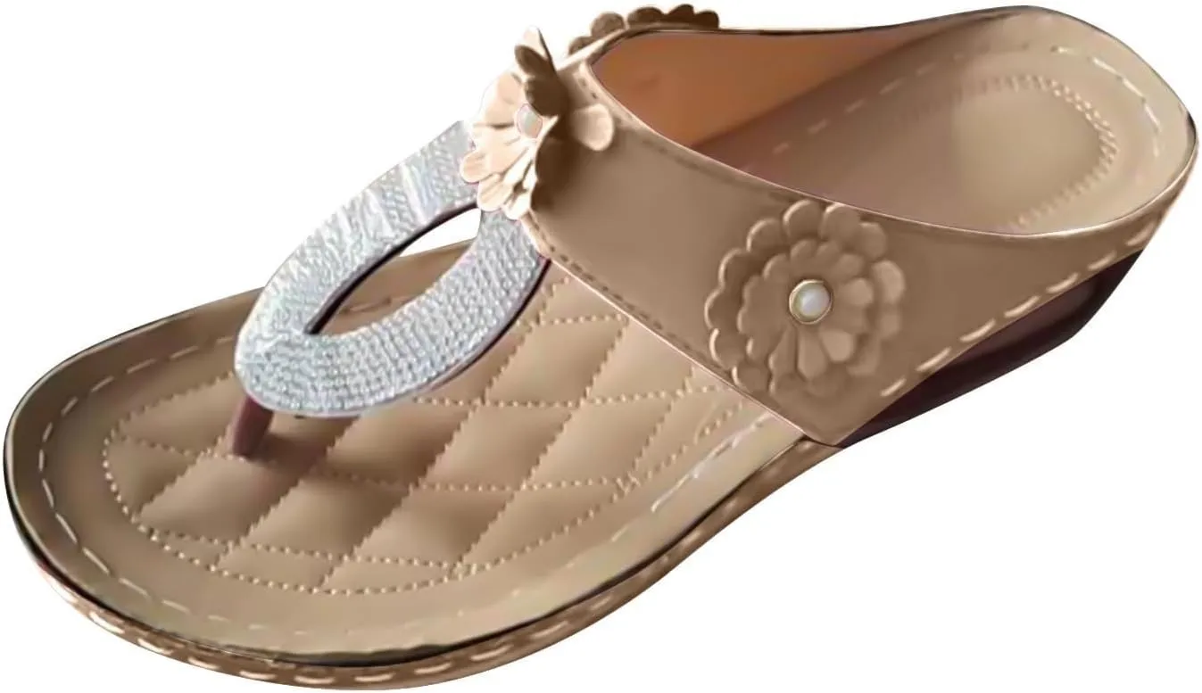 Orthopedic Flip Flops Women Flower Arch Support Wedge Sandals for Women, Dressy Sequined Clip Toe Platform Flip Flops Casual Comfortable Walking Slippers