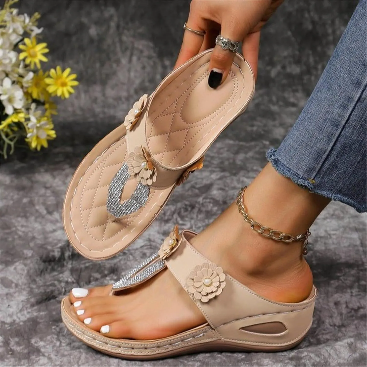 Orthopedic Flip Flops Women Flower Arch Support Wedge Sandals for Women, Dressy Sequined Clip Toe Platform Flip Flops Casual Comfortable Walking Slippers
