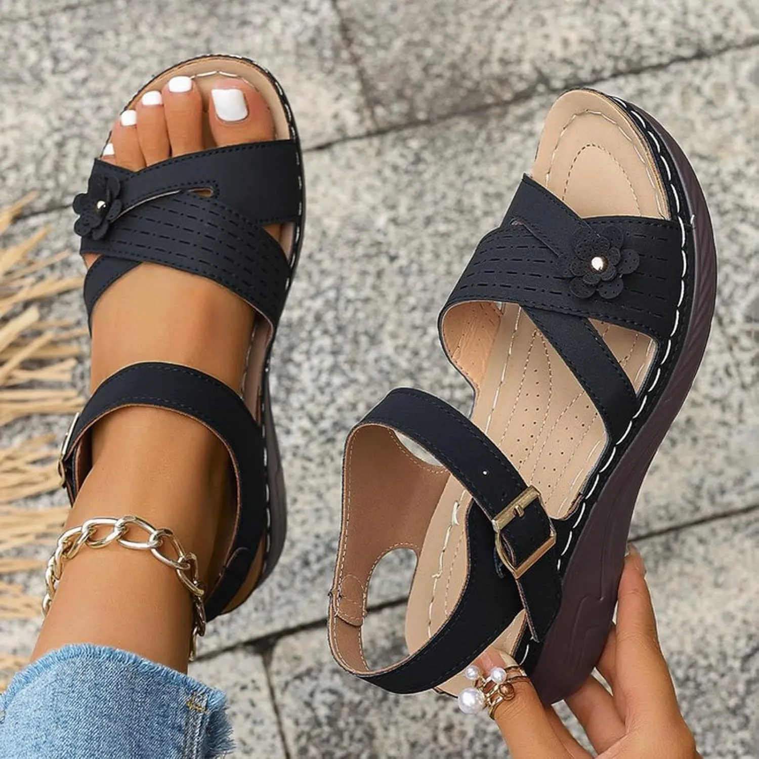 Orthopedic Sandals For Women Arch Support 2025 Open Toe Summer Casual Platform Sandals with Adjustable Hook Loop Wide Width Walking Dress Shoes for Party Casual Beach Vacation
