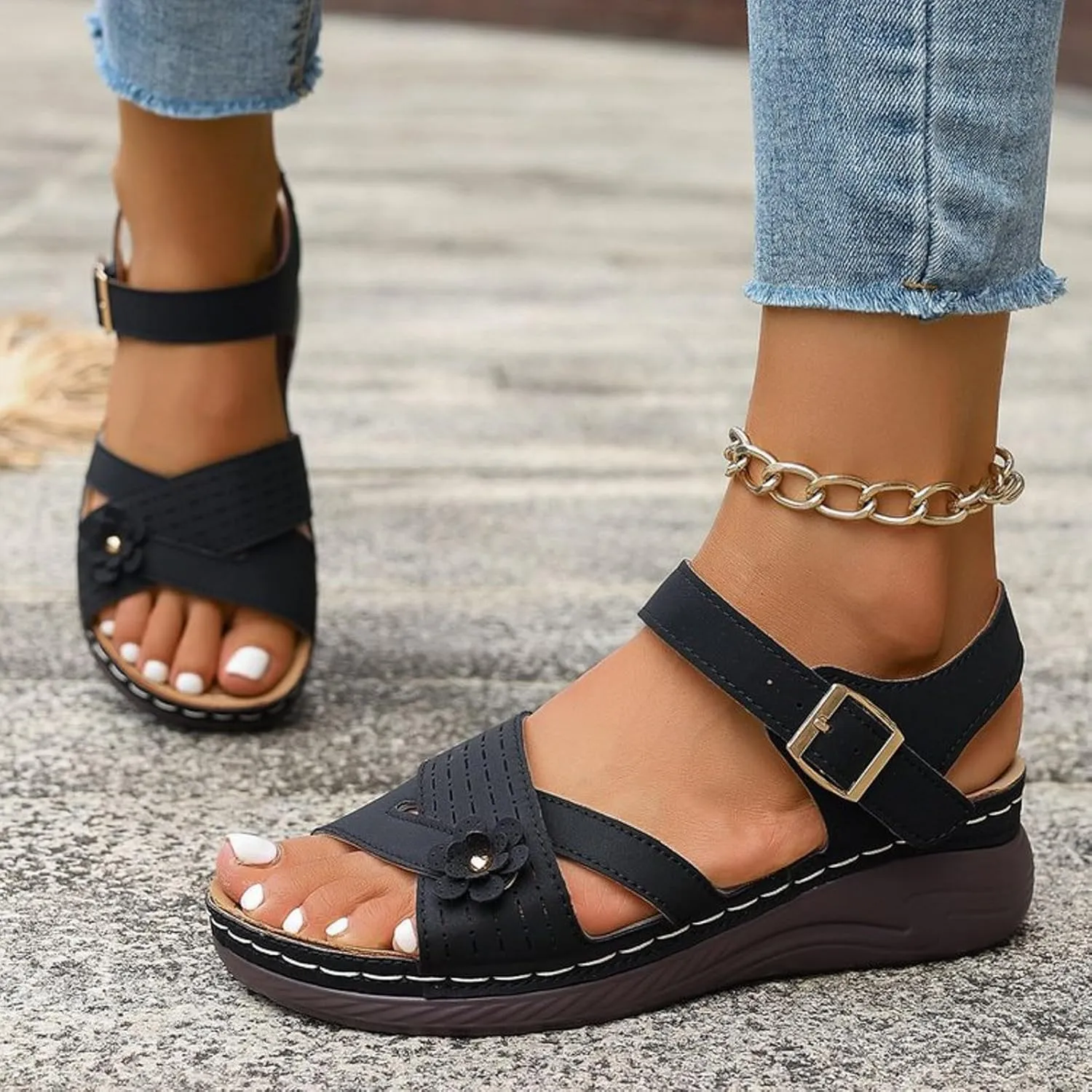Orthopedic Sandals For Women Arch Support 2025 Open Toe Summer Casual Platform Sandals with Adjustable Hook Loop Wide Width Walking Dress Shoes for Party Casual Beach Vacation