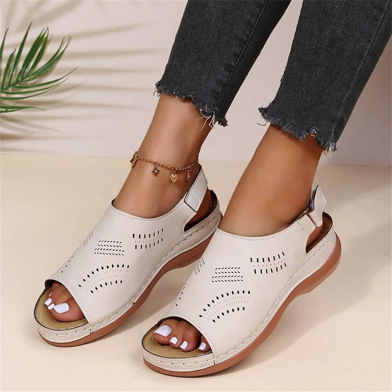Orthopedic Sandals for Women Arch Support Sandals Women's Summer Platform Wedges, Hollow Out Ankle Strap Walking Sandal Fish Mouth Open Toe Flat Wedges Casual Comfortable Platform Shoes