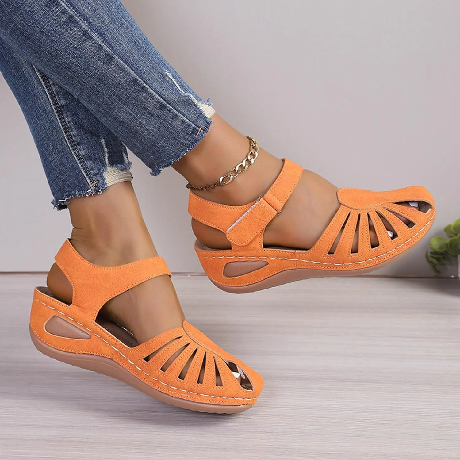 Orthopedic Sandals For Women Arch Support Walking Sandals 2025 Casual Closed Toe Hollow Out Fashion Bohemia Wedge Platform Shoes Summer Comfortable Breathable Dressy Slip On Beach Walking Footwear