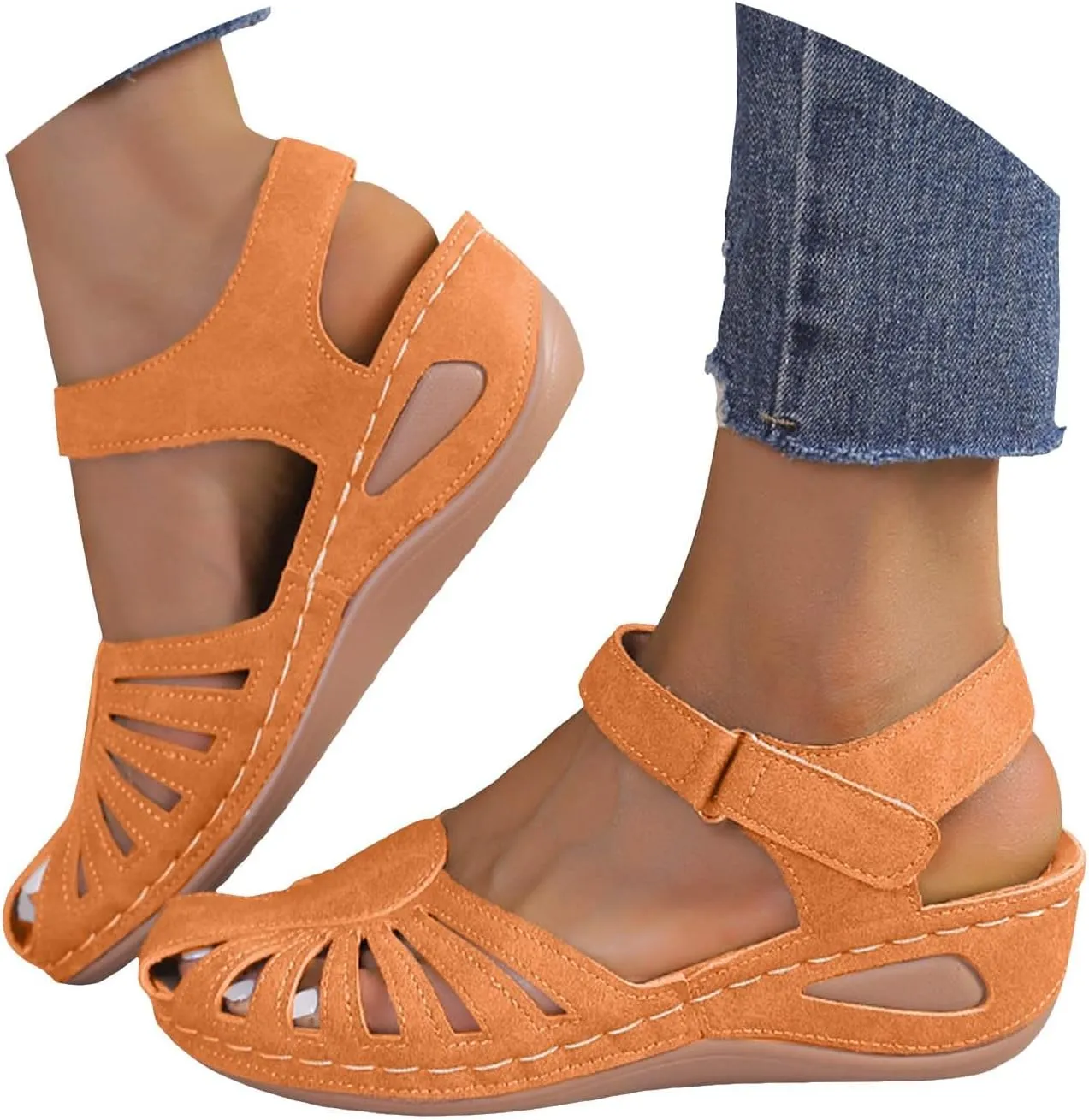 Orthopedic Sandals For Women Arch Support Walking Sandals 2025 Casual Closed Toe Hollow Out Fashion Bohemia Wedge Platform Shoes Summer Comfortable Breathable Dressy Slip On Beach Walking Footwear
