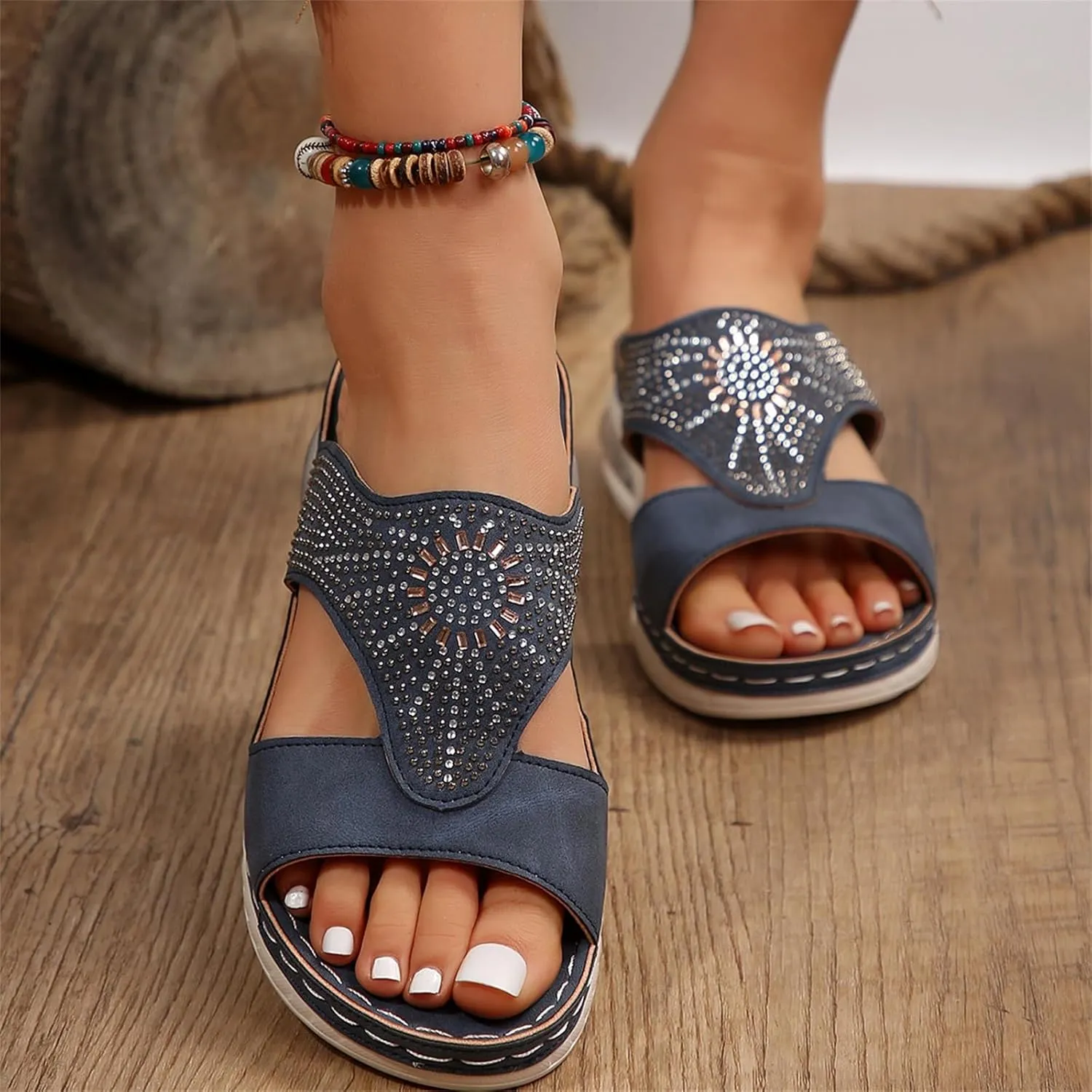 Orthopedic Sandals for Women Rhinestone Strappy Slip on Platform Sandals, Comfortable Air Cushion Walking Slippers Fish Mouth Open Toe Loafers with Arch Support