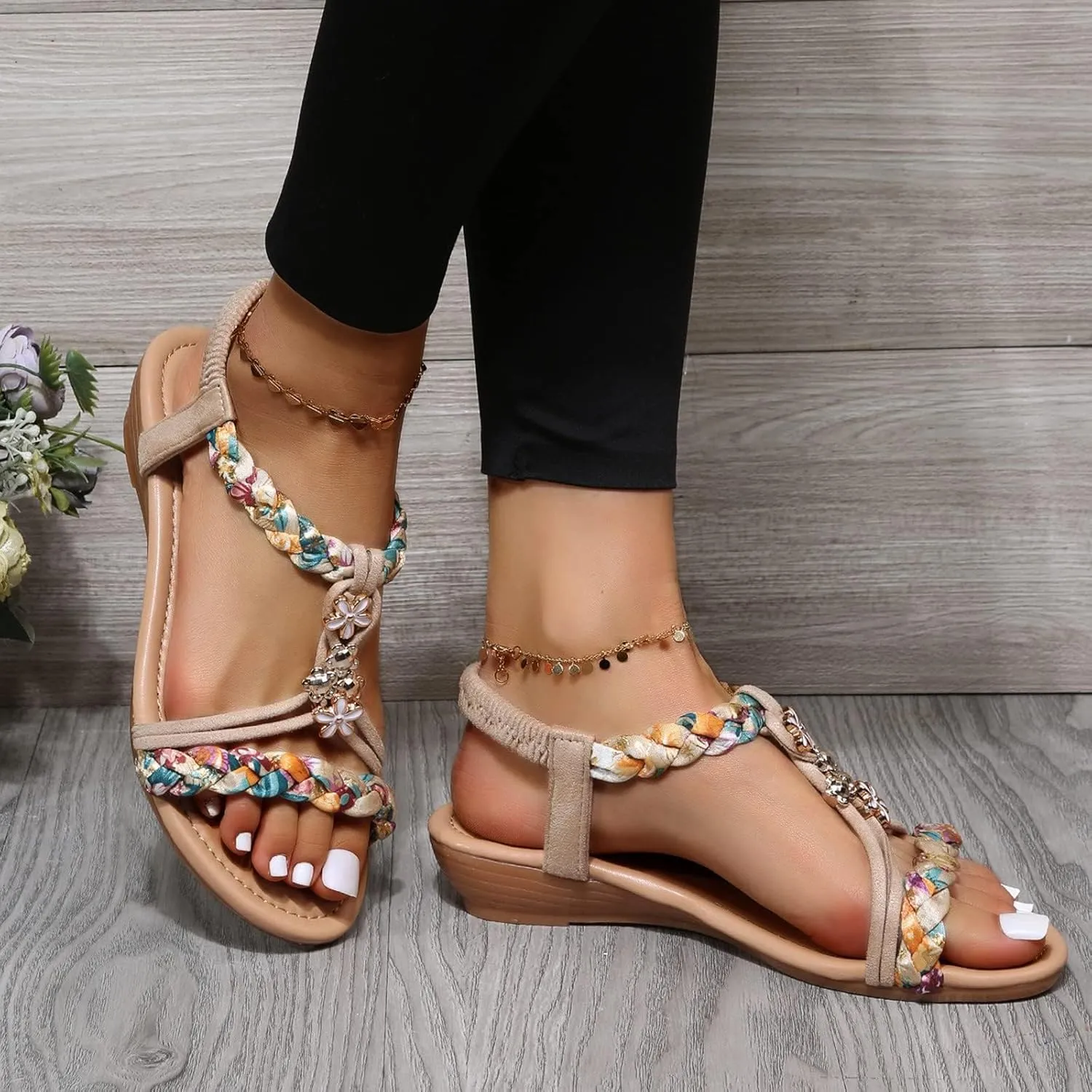 Orthopedic Sandals for Women Summer Arch Support Wedges, Slingback Rhinestone Dressy Sandal T-Strap Open Toe Slippers Comfort Ankle Strap Flat Sandals for Beach Walking