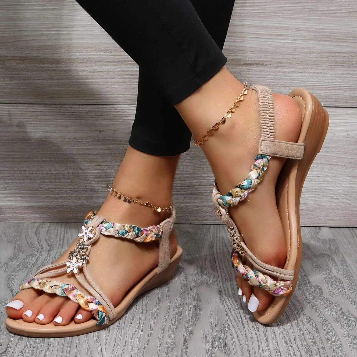 Orthopedic Sandals for Women Summer Arch Support Wedges, Slingback Rhinestone Dressy Sandal T-Strap Open Toe Slippers Comfort Ankle Strap Flat Sandals for Beach Walking