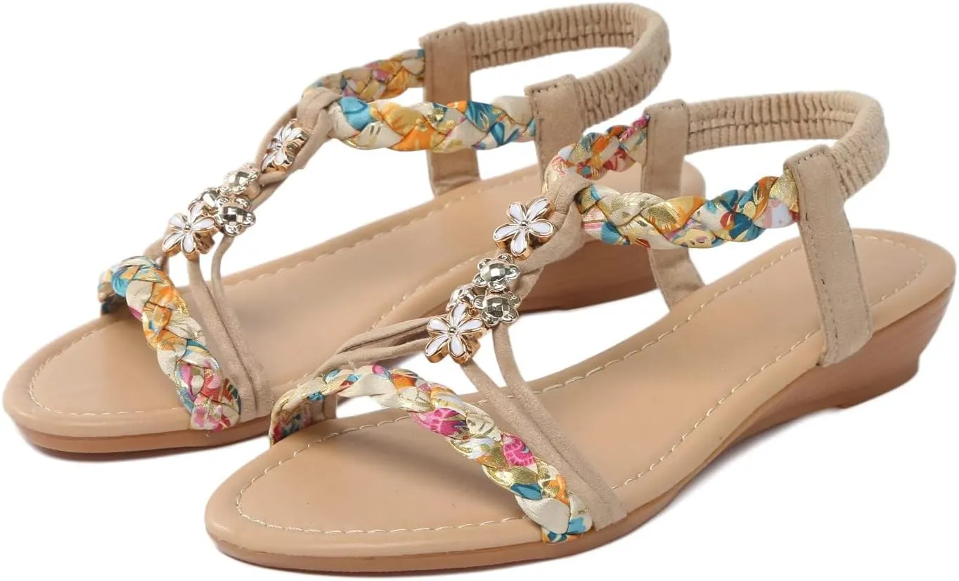 Orthopedic Sandals for Women Summer Arch Support Wedges, Slingback Rhinestone Dressy Sandal T-Strap Open Toe Slippers Comfort Ankle Strap Flat Sandals for Beach Walking