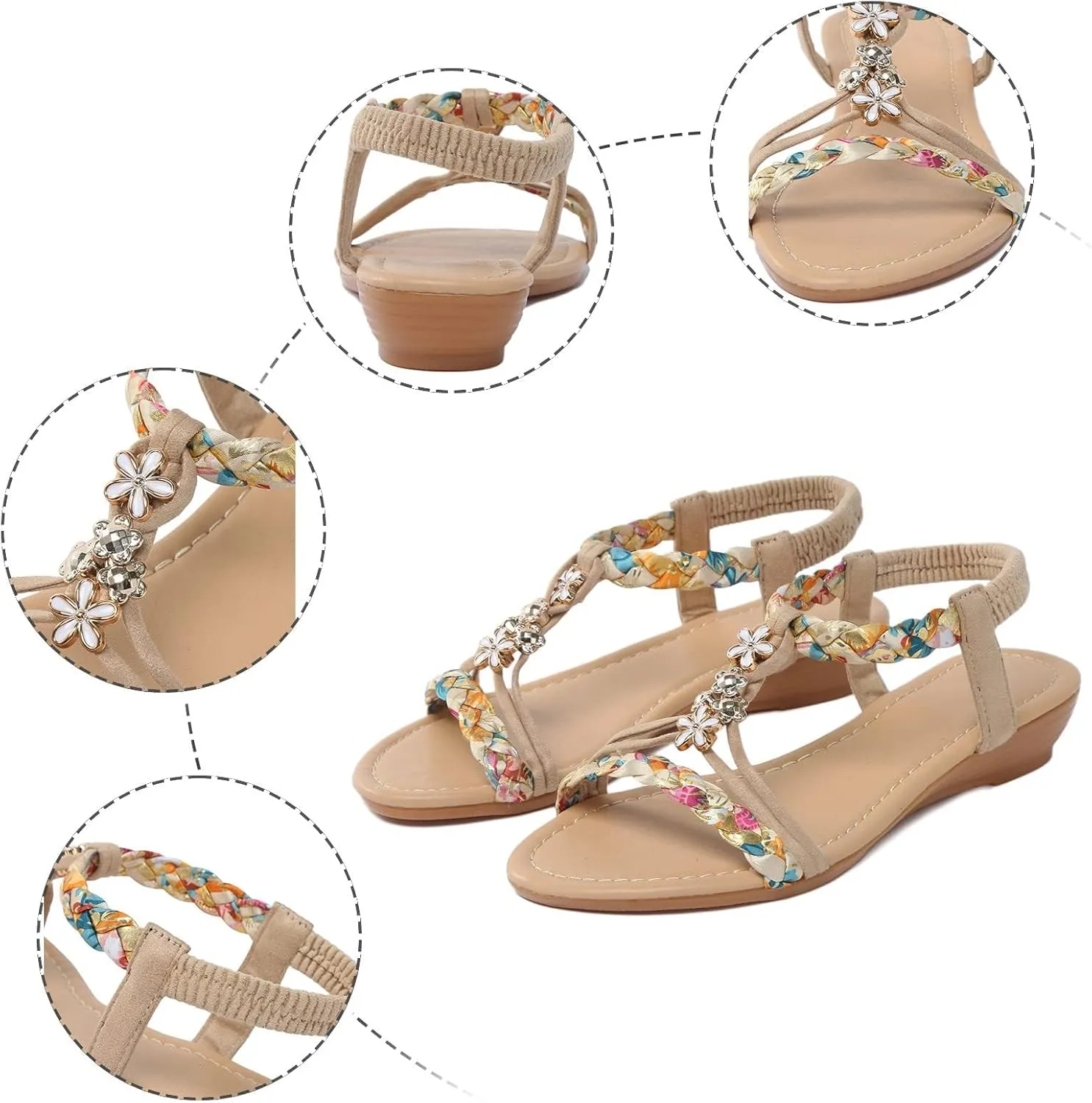 Orthopedic Sandals for Women Summer Arch Support Wedges, Slingback Rhinestone Dressy Sandal T-Strap Open Toe Slippers Comfort Ankle Strap Flat Sandals for Beach Walking