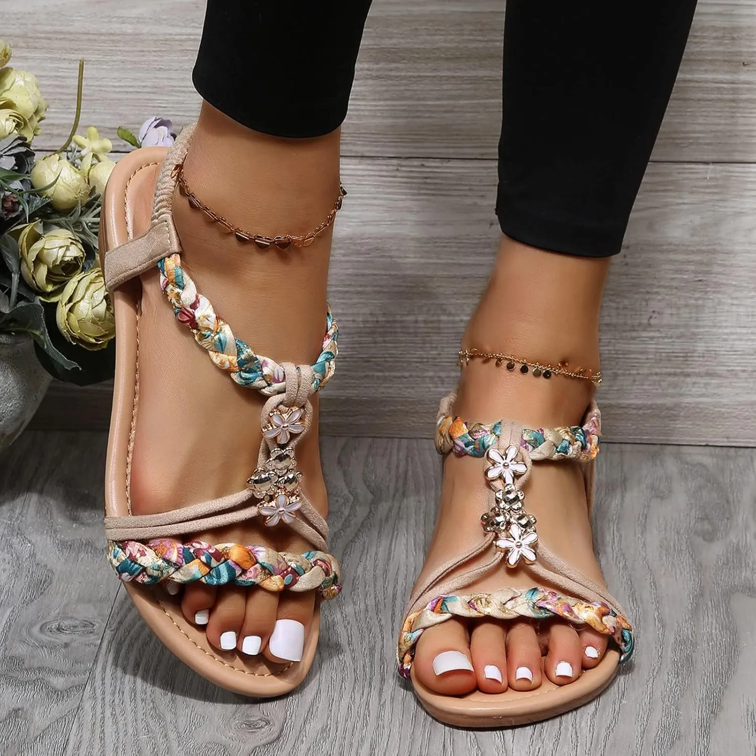 Orthopedic Sandals for Women Summer Arch Support Wedges, Slingback Rhinestone Dressy Sandal T-Strap Open Toe Slippers Comfort Ankle Strap Flat Sandals for Beach Walking