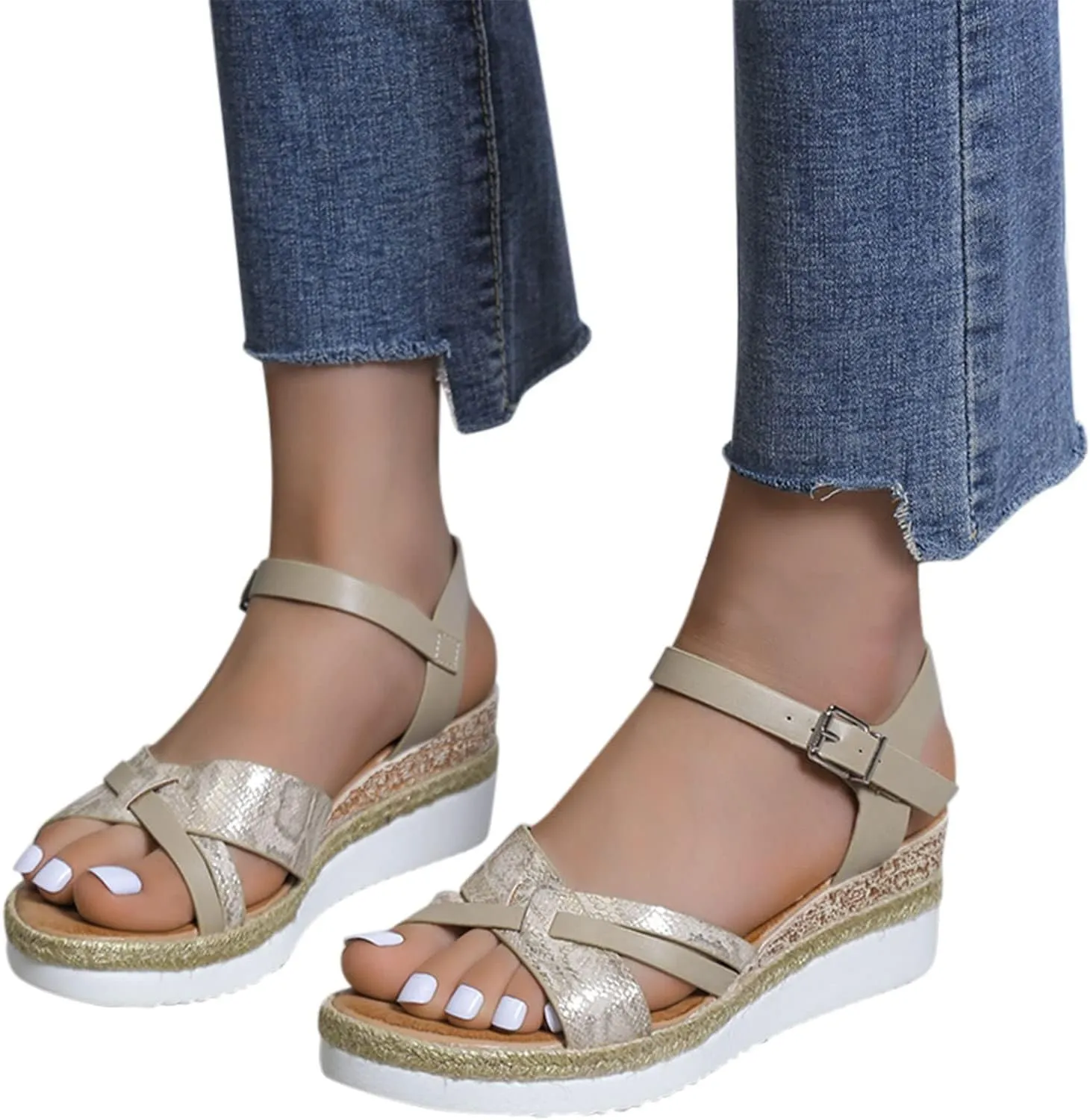 Orthopedic Sandals for Women,Summer Dressy Open Toe Ankle Strap Platform Beach Casual Slip on Dress Sandal Buckle Studded Wedge Summer Arch Support Sandals Bohemian Shoes Comfortable Wedges