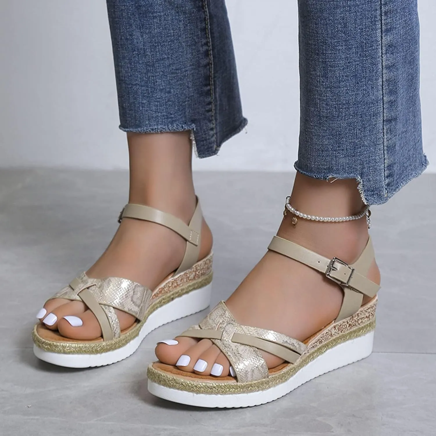 Orthopedic Sandals for Women,Summer Dressy Open Toe Ankle Strap Platform Beach Casual Slip on Dress Sandal Buckle Studded Wedge Summer Arch Support Sandals Bohemian Shoes Comfortable Wedges