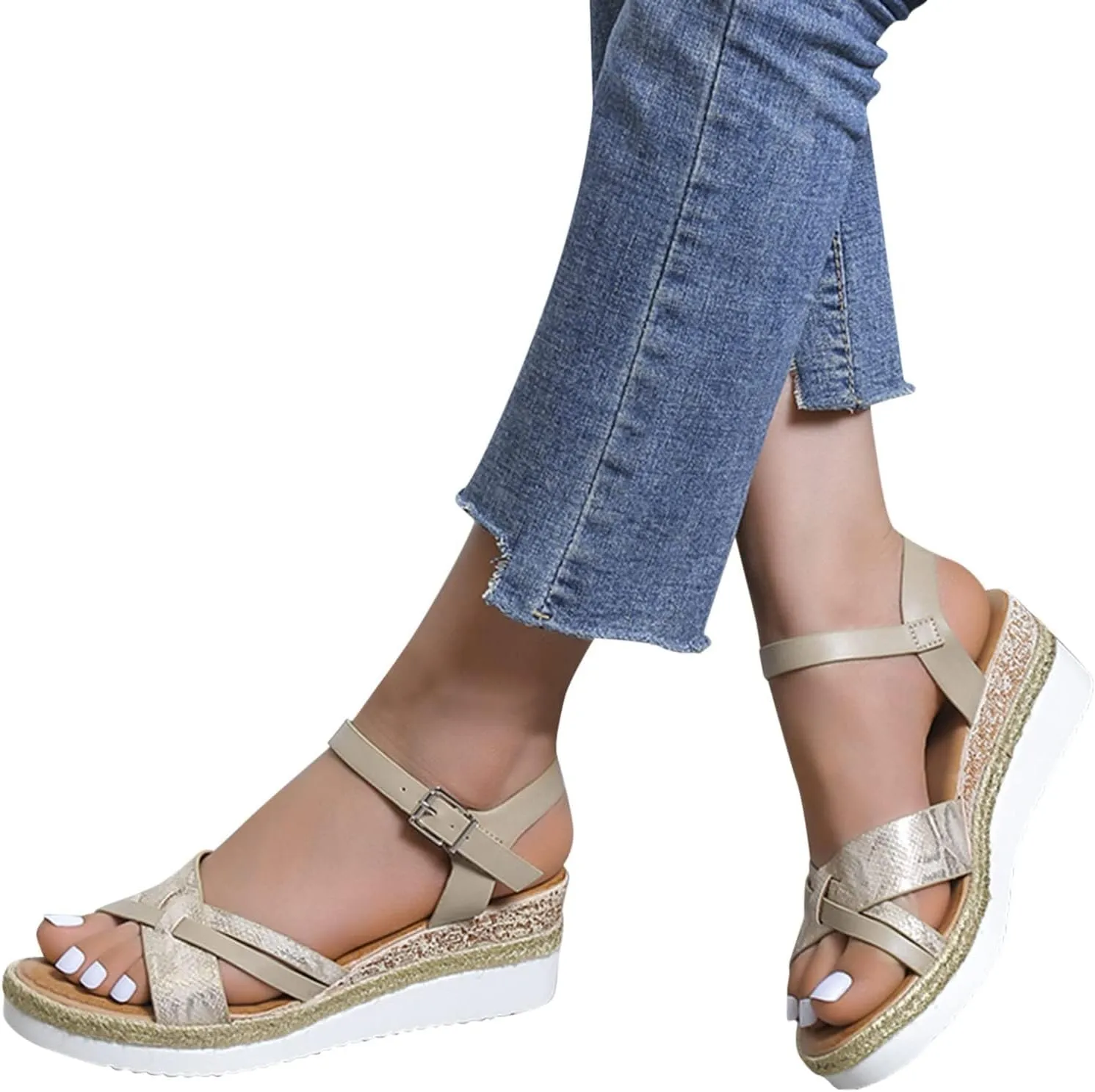 Orthopedic Sandals for Women,Summer Dressy Open Toe Ankle Strap Platform Beach Casual Slip on Dress Sandal Buckle Studded Wedge Summer Arch Support Sandals Bohemian Shoes Comfortable Wedges
