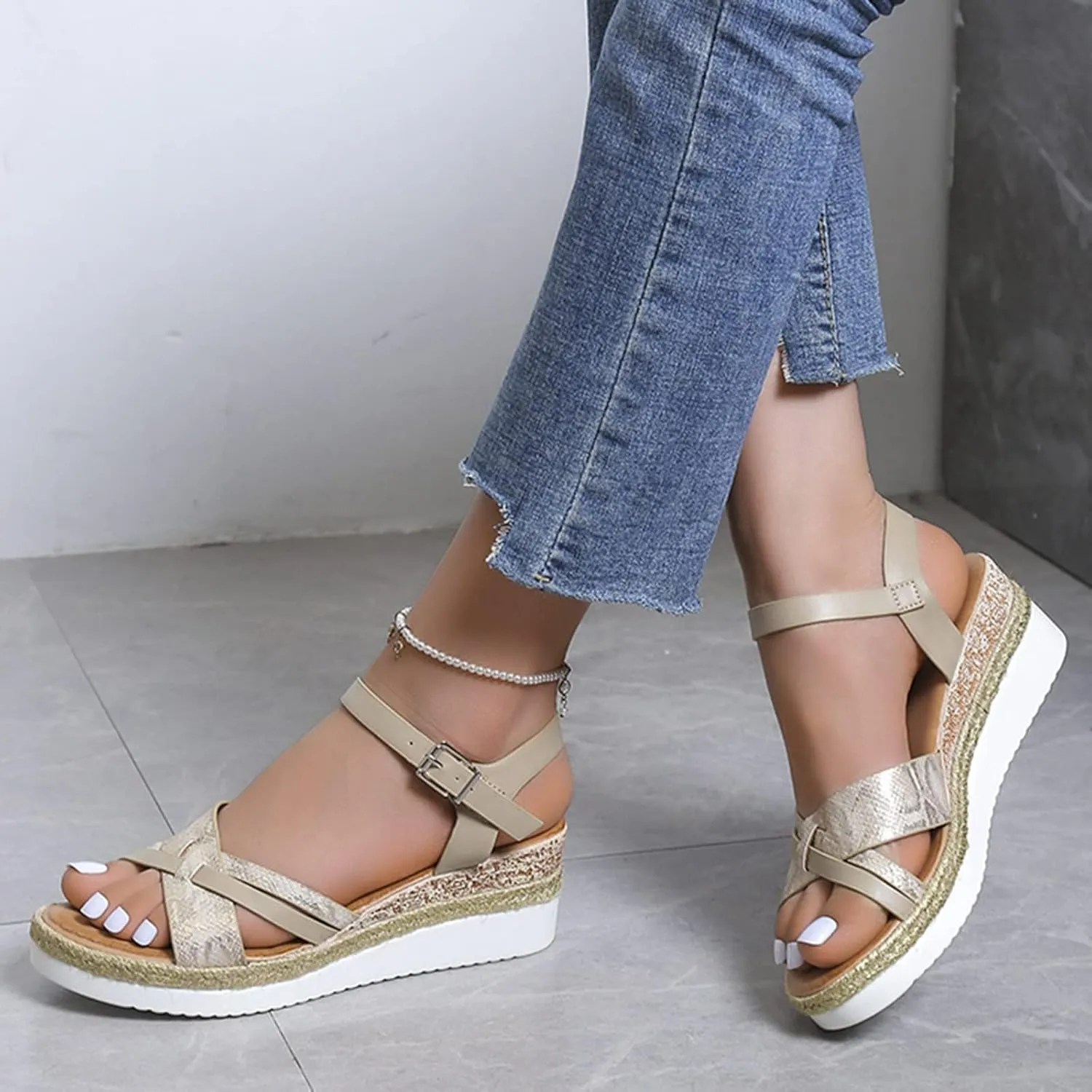 Orthopedic Sandals for Women,Summer Dressy Open Toe Ankle Strap Platform Beach Casual Slip on Dress Sandal Buckle Studded Wedge Summer Arch Support Sandals Bohemian Shoes Comfortable Wedges