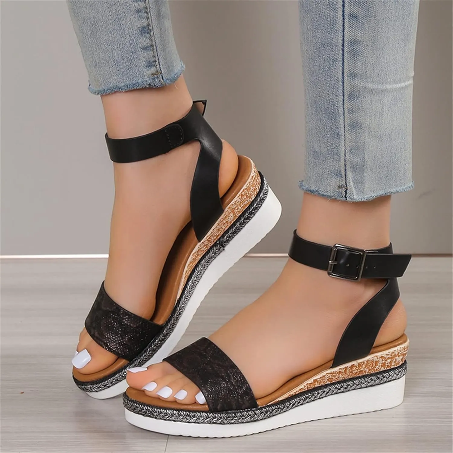 Orthopedic Wedge Sandals for Women,Casual Strappy Open Toe Espadrilles Platform Sandals Ankle Strap Slope Heel Platform Sandals Comfortable Outdoor Walking Shoes