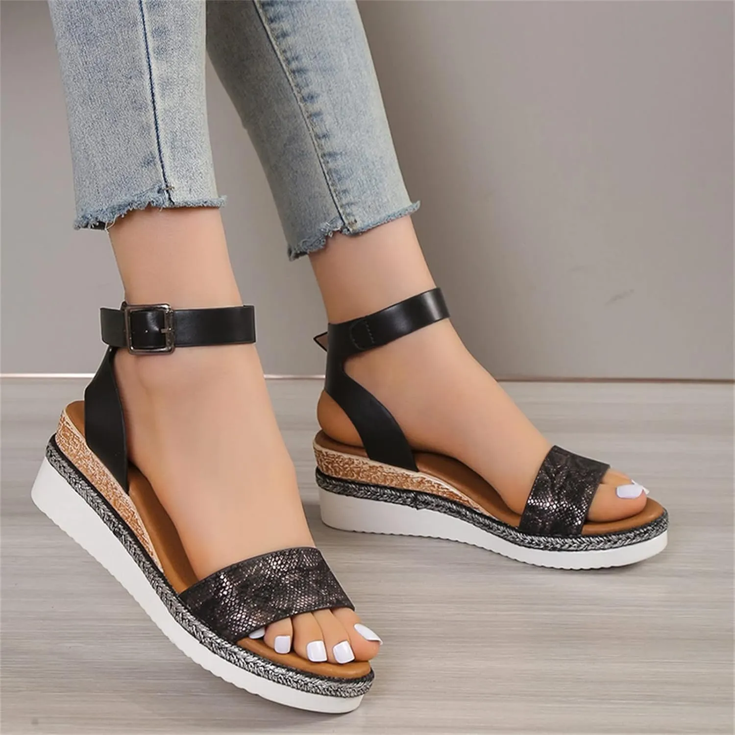 Orthopedic Wedge Sandals for Women,Casual Strappy Open Toe Espadrilles Platform Sandals Ankle Strap Slope Heel Platform Sandals Comfortable Outdoor Walking Shoes