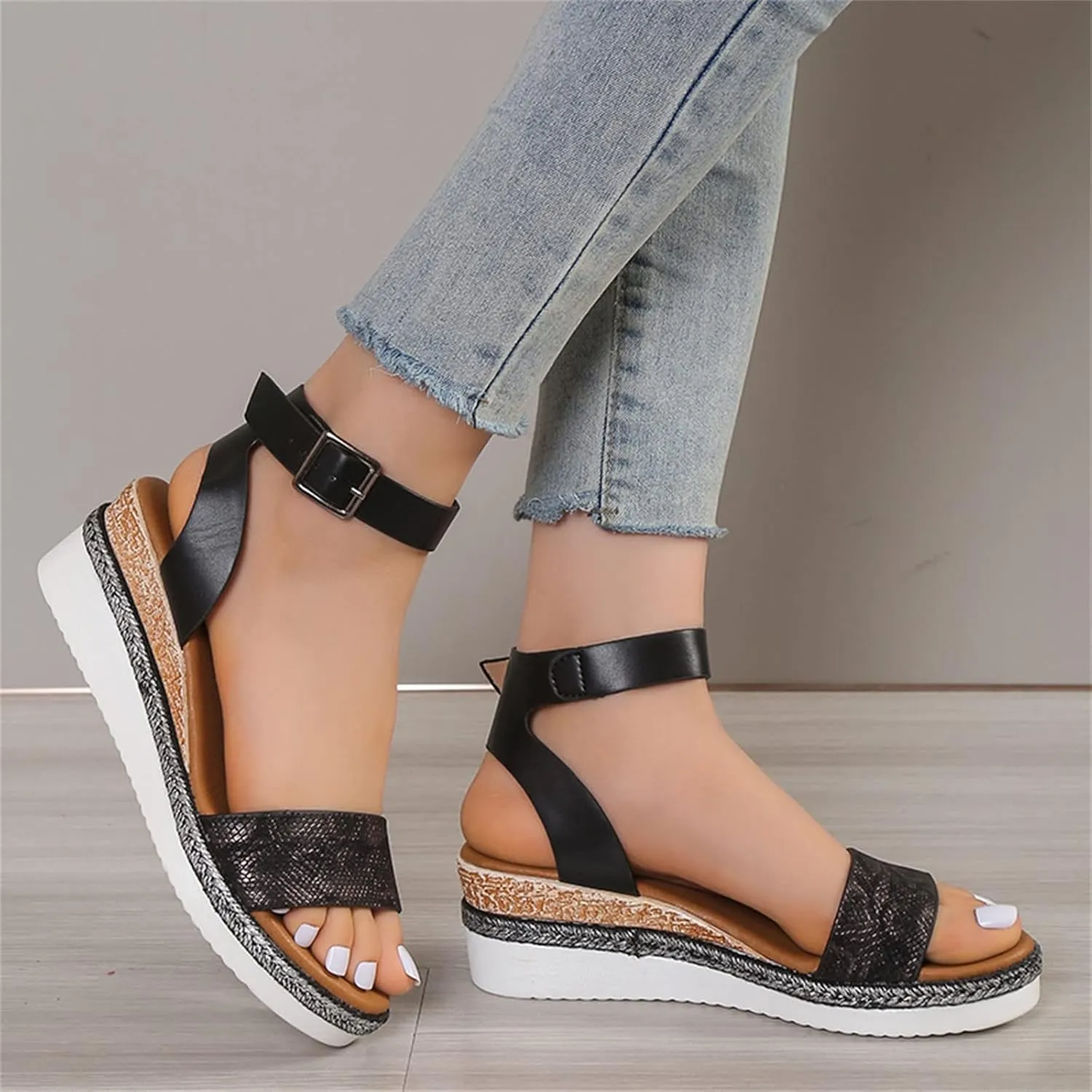 Orthopedic Wedge Sandals for Women,Casual Strappy Open Toe Espadrilles Platform Sandals Ankle Strap Slope Heel Platform Sandals Comfortable Outdoor Walking Shoes