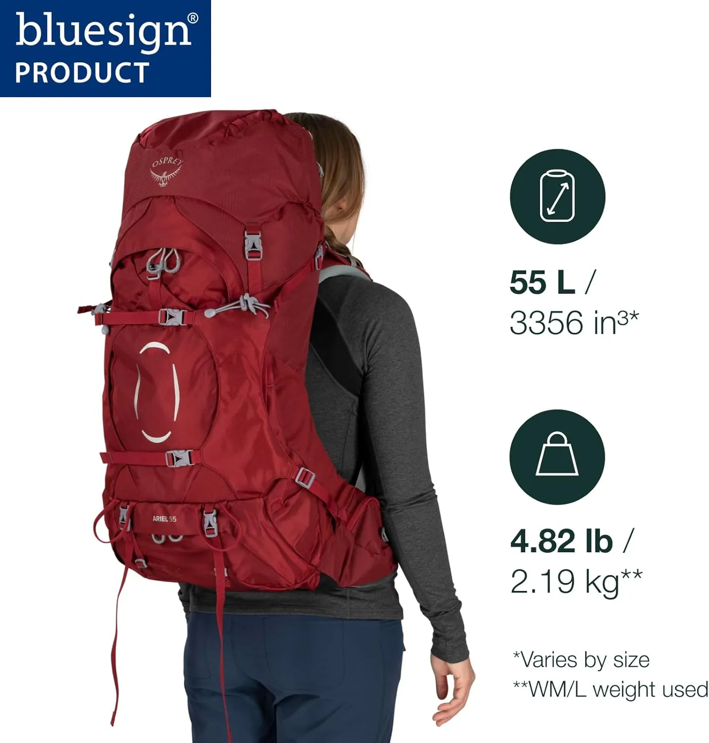 Osprey Ariel 55L Women's Backpacking Backpack, Medium Gray, WM/L