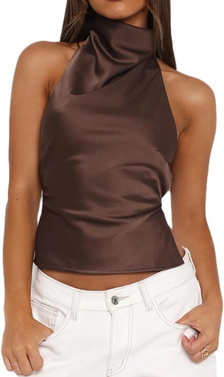 Passec Open Back Halter Tops for Women Bow Tie Back Ruched Ruffle Crop Tops Smocked Y2K Going Out Camisoles