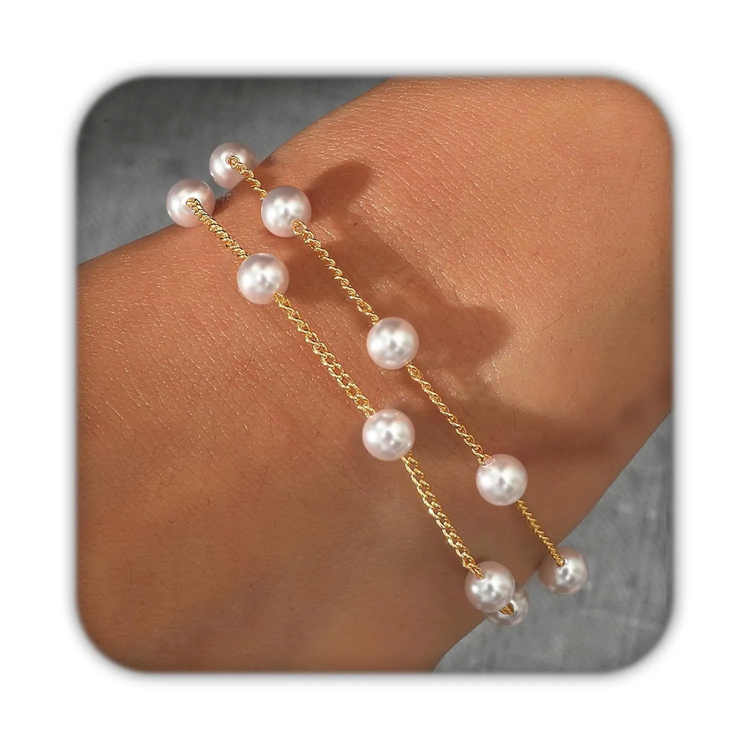 Pearl Bracelets for Women, 18K Gold Plated Bracelets Stack 6 MM Cute Pearl Jewelry as Wedding Bridesmaid Gifts, Beach Summer Braclets Prom Jewelry Birthday Accessories