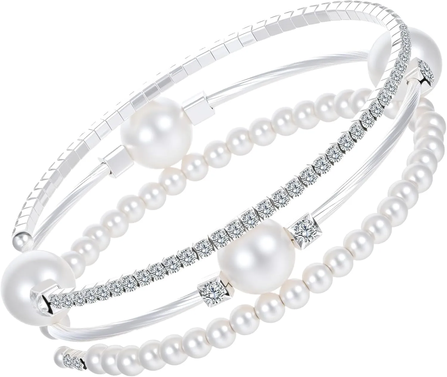 Pearl Bracelets for Women Silver Silver Stretch Bracelets for Women StackableThree Layer Bracelet with Pearls and Rhinestones Exquisite Jewelry Decoration
