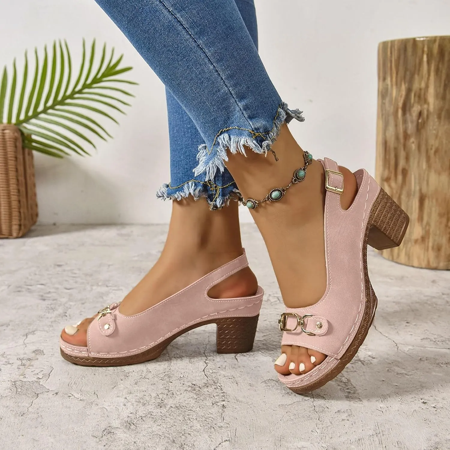 Peep Toe Heels for Women Chunky Heel Sandals with Hoop and Loop Strap Dressy Casual Sandals Block Heel Wedges Business Work Shoes Non Slip Orthopedic Sandal