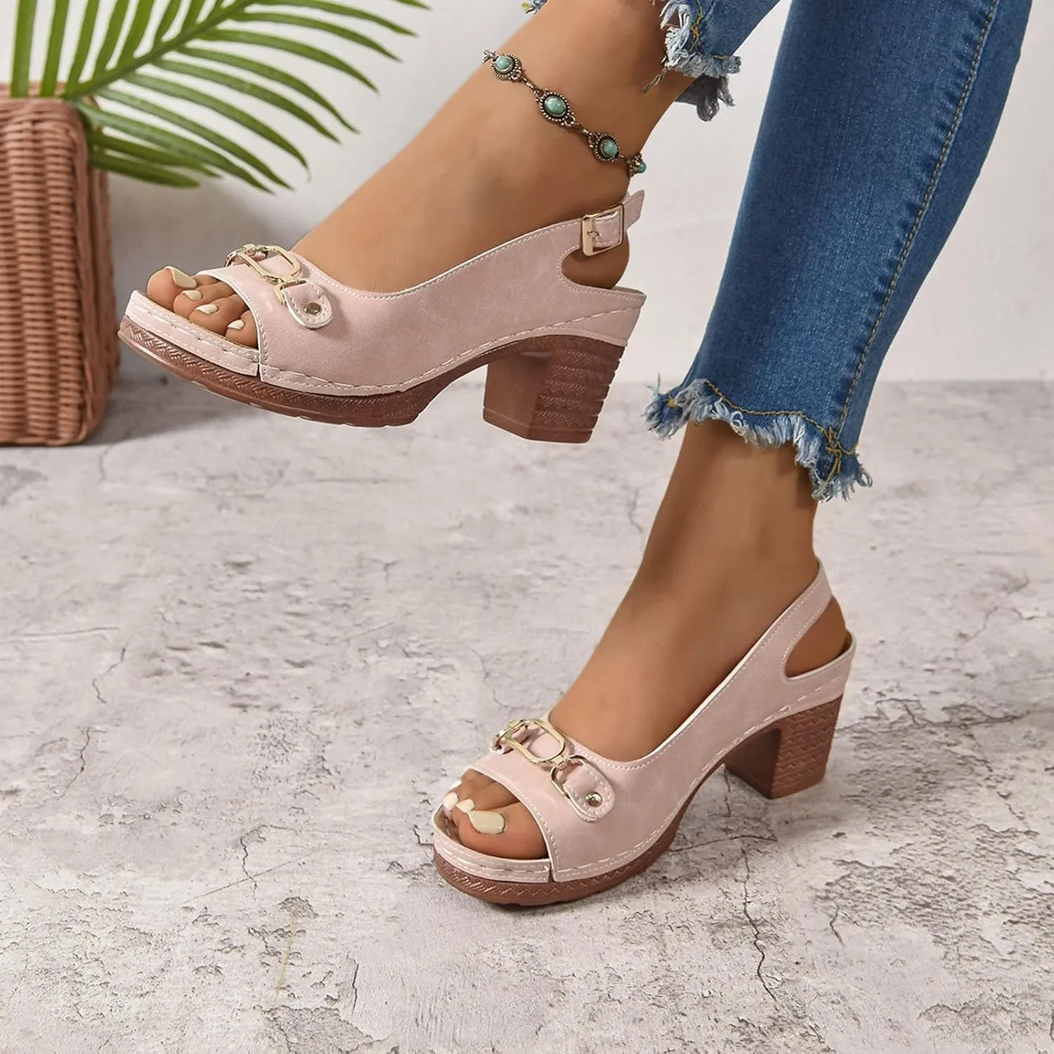Peep Toe Heels for Women Chunky Heel Sandals with Hoop and Loop Strap Dressy Casual Sandals Block Heel Wedges Business Work Shoes Non Slip Orthopedic Sandal