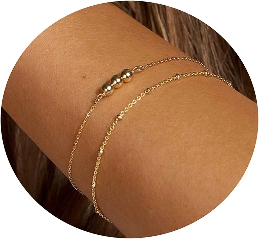 Pencros Gold Layered Bracelet,14K Gold Filled Dainty Herringbone Elegant Pearl Oval Chain Cute Beads Bracelet for Women