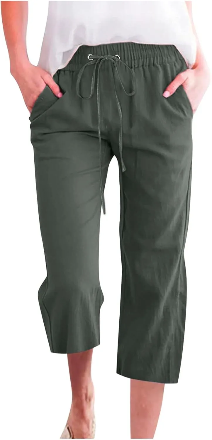 Plus Size Capris Pants for Women Cotton Linen Summer 2025 Casual Pants Straight Wide Leg Drawstring Elastic Cropped Trousers