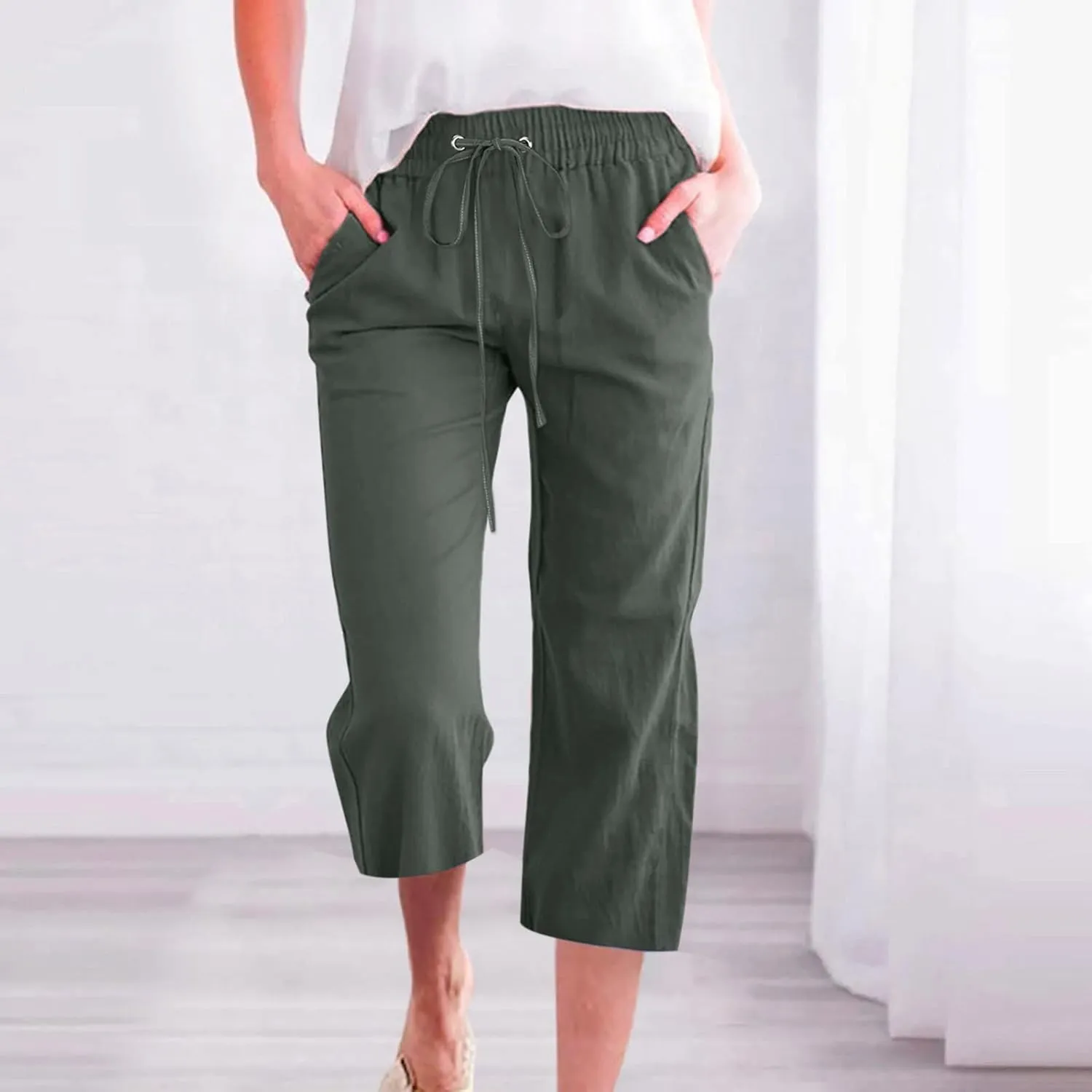 Plus Size Capris Pants for Women Cotton Linen Summer 2025 Casual Pants Straight Wide Leg Drawstring Elastic Cropped Trousers