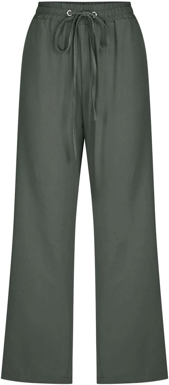Plus Size Capris Pants for Women Cotton Linen Summer 2025 Casual Pants Straight Wide Leg Drawstring Elastic Cropped Trousers