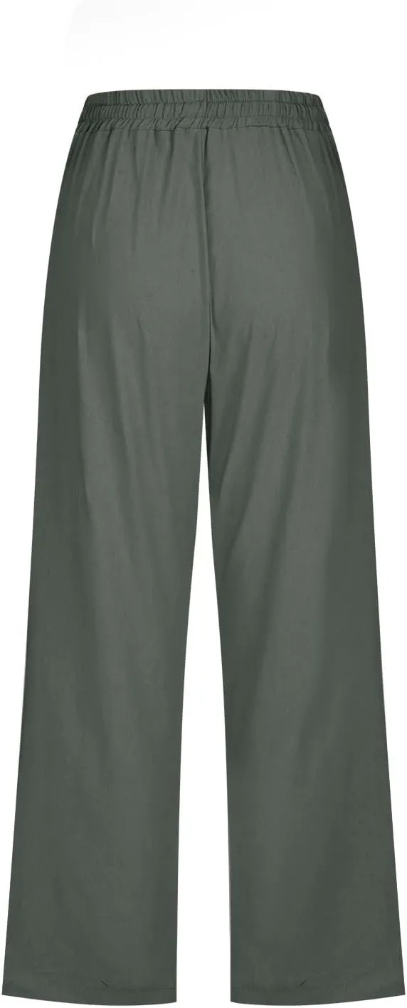 Plus Size Capris Pants for Women Cotton Linen Summer 2025 Casual Pants Straight Wide Leg Drawstring Elastic Cropped Trousers