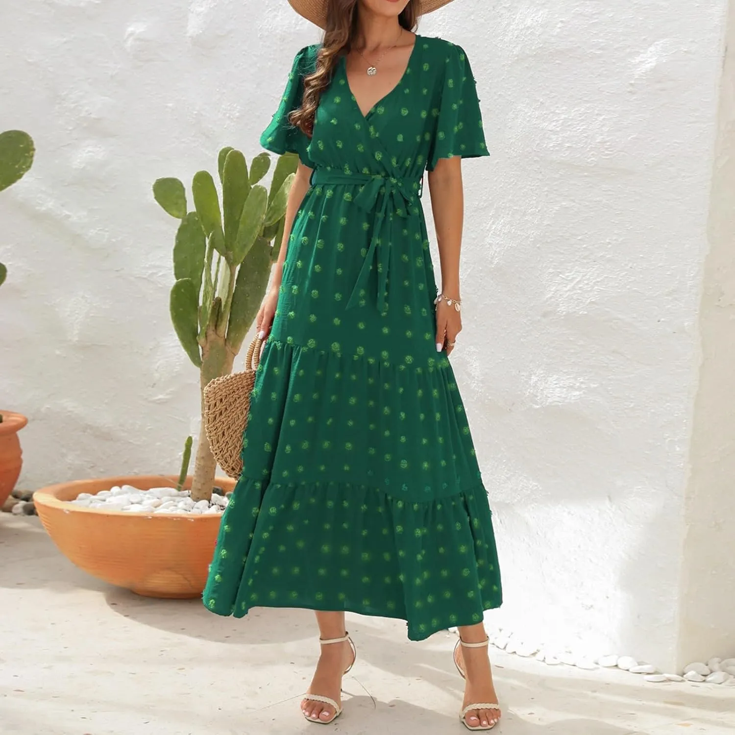 Plus Size Dresses for Curvy Women 2025 Ruffle V Neck Short Sleeve Smocked Dress Long Travel Swiss Dot Dress with Belt