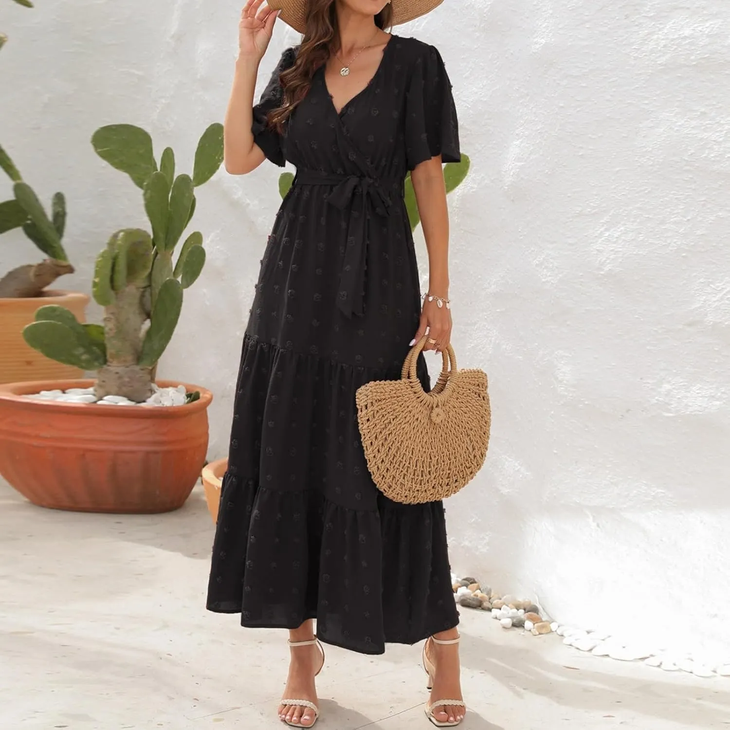 Plus Size Dresses for Curvy Women 2025 Ruffle V Neck Short Sleeve Smocked Dress Long Travel Swiss Dot Dress with Belt