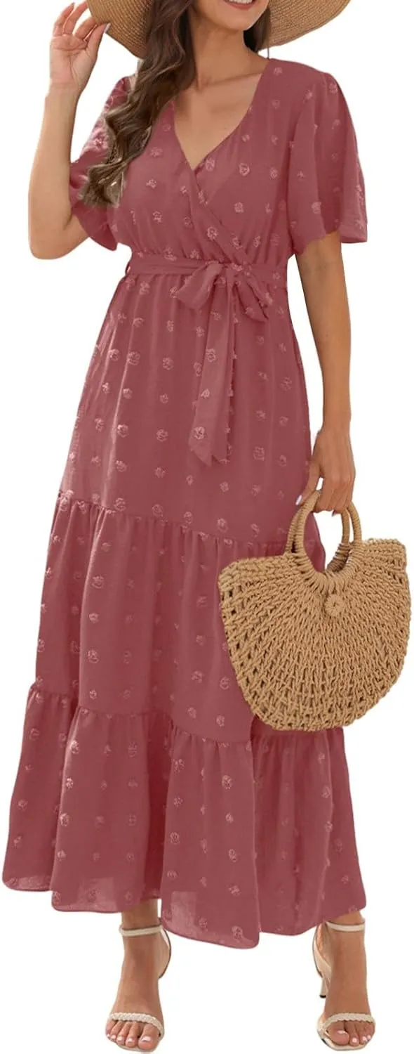 Plus Size Dresses for Curvy Women 2025 Ruffle V Neck Short Sleeve Smocked Dress Long Travel Swiss Dot Dress with Belt