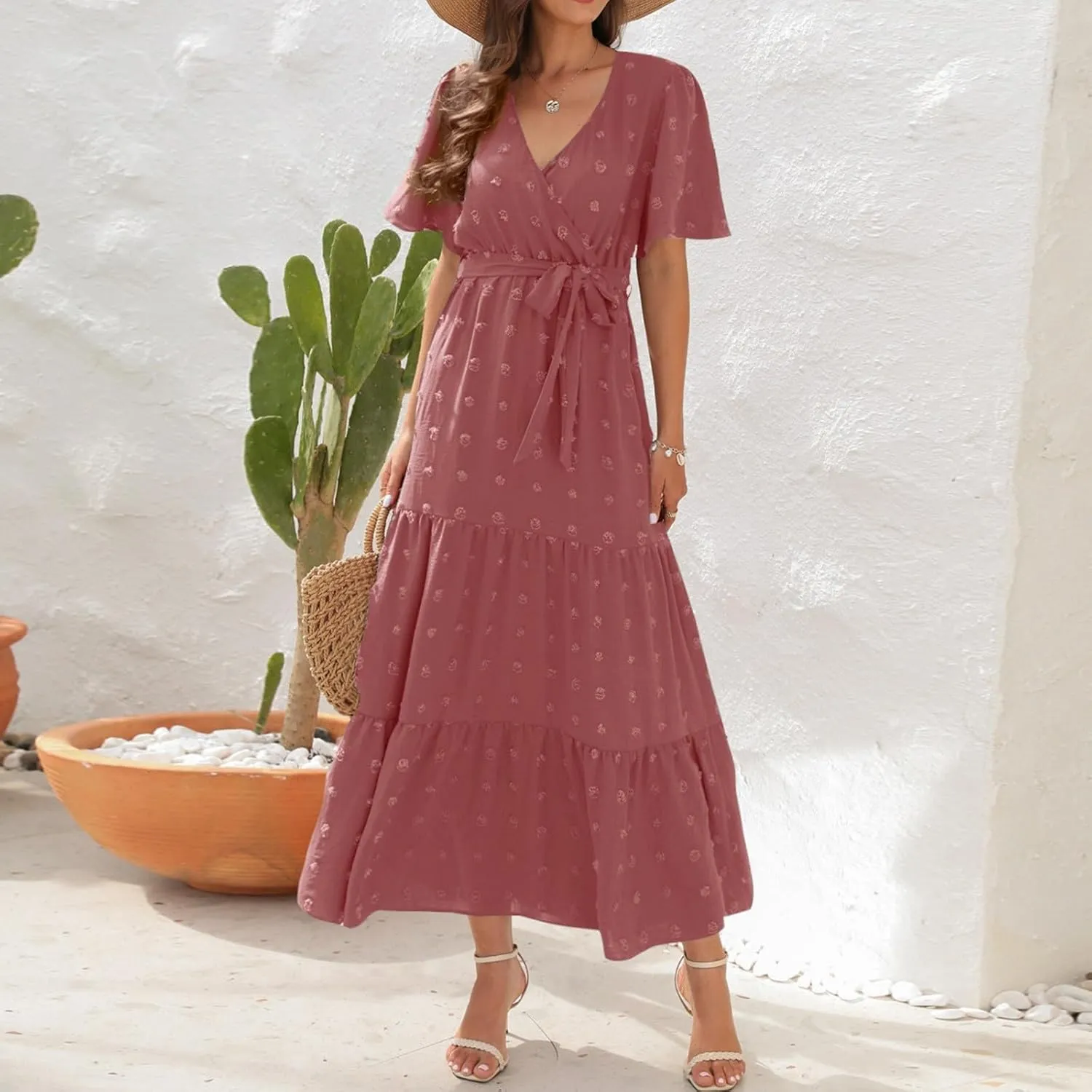 Plus Size Dresses for Curvy Women 2025 Ruffle V Neck Short Sleeve Smocked Dress Long Travel Swiss Dot Dress with Belt