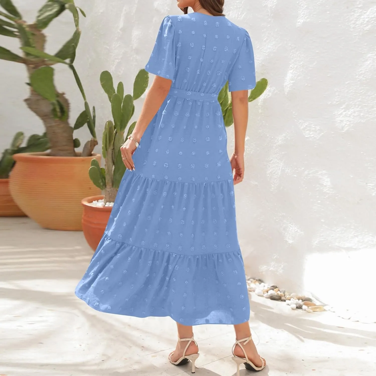 Plus Size Dresses for Curvy Women 2025 Ruffle V Neck Short Sleeve Smocked Dress Long Travel Swiss Dot Dress with Belt