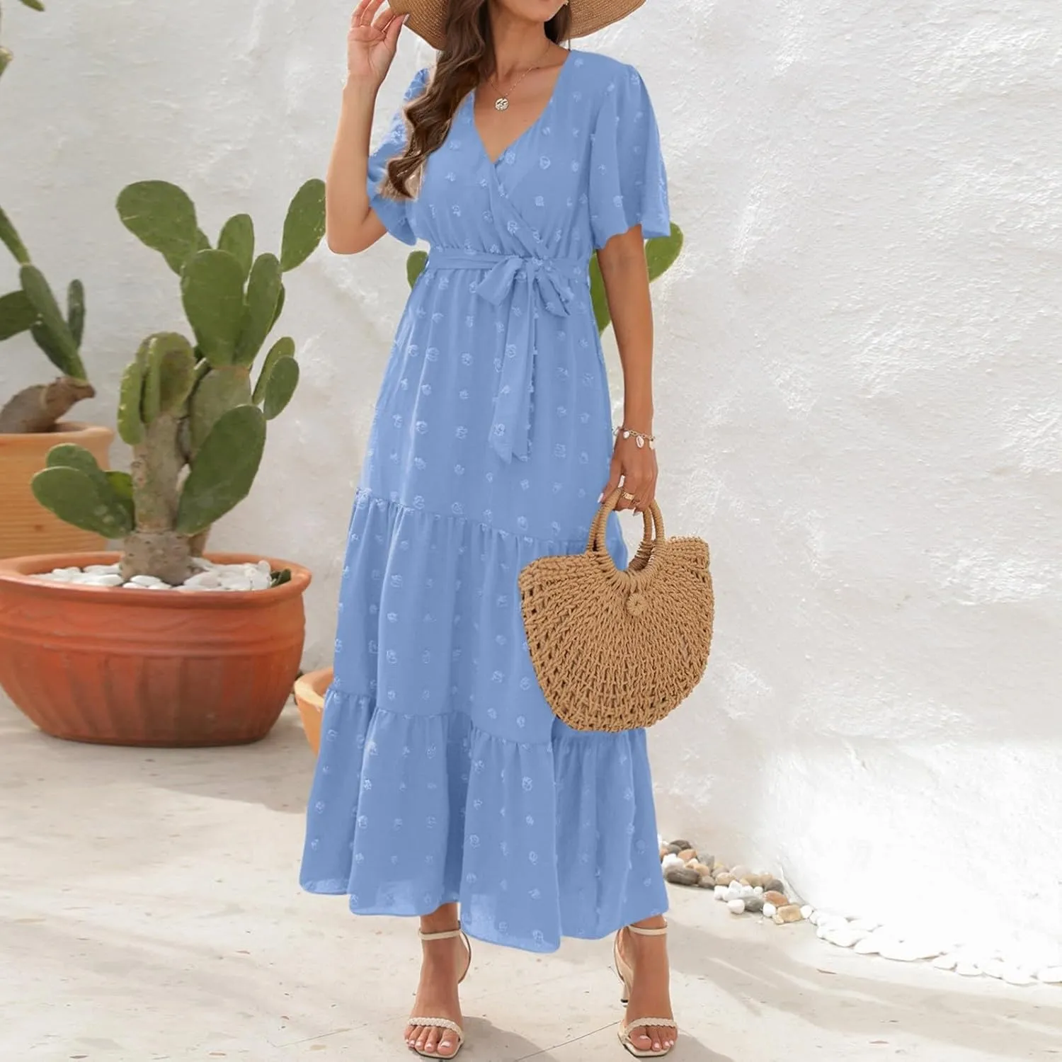 Plus Size Dresses for Curvy Women 2025 Ruffle V Neck Short Sleeve Smocked Dress Long Travel Swiss Dot Dress with Belt
